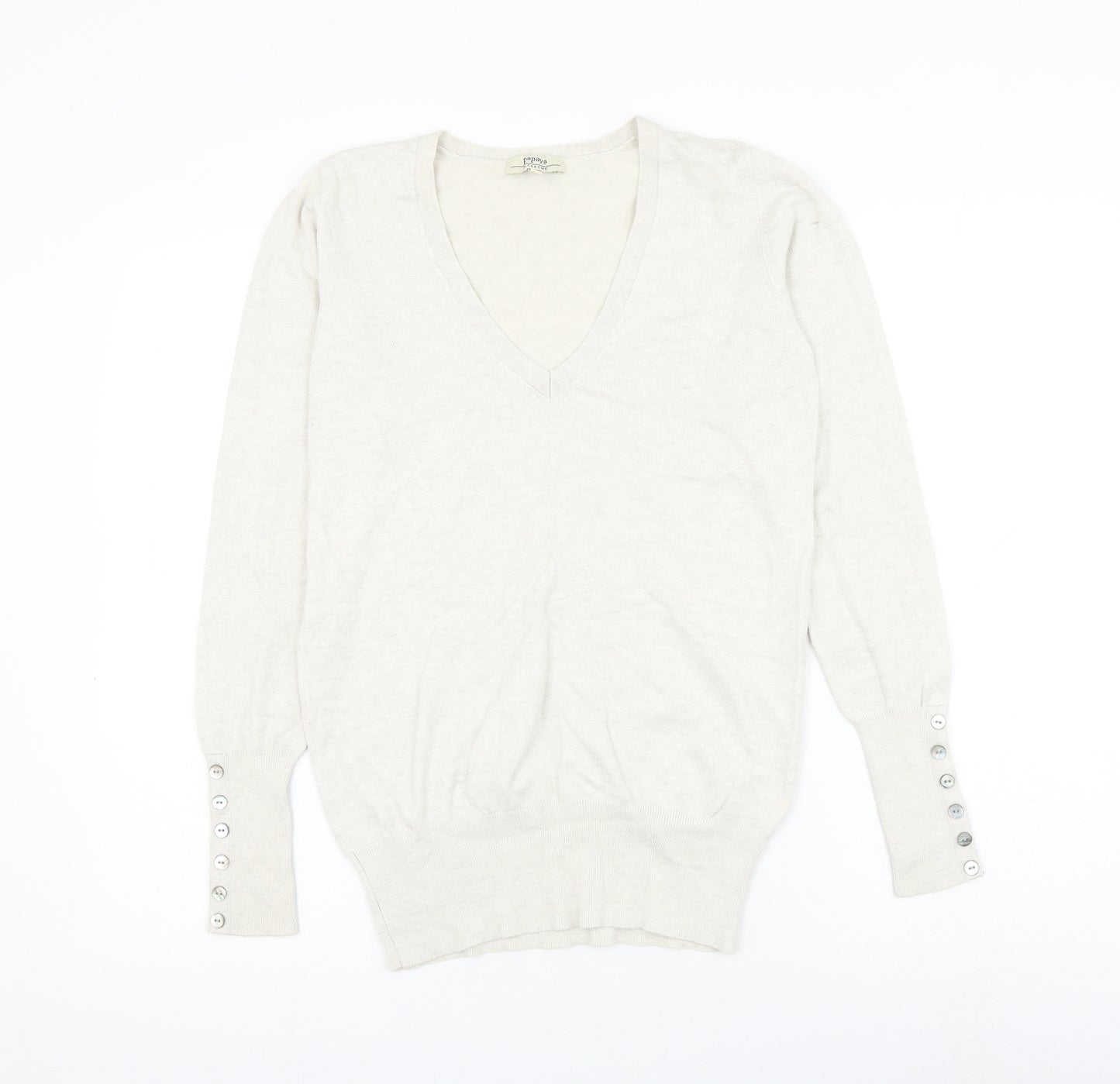Papaya Womens White V-Neck Viscose Pullover Jumper Size 12
