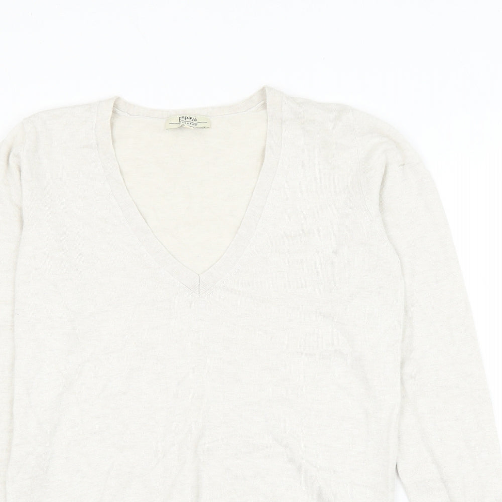 Papaya Womens White V-Neck Viscose Pullover Jumper Size 12