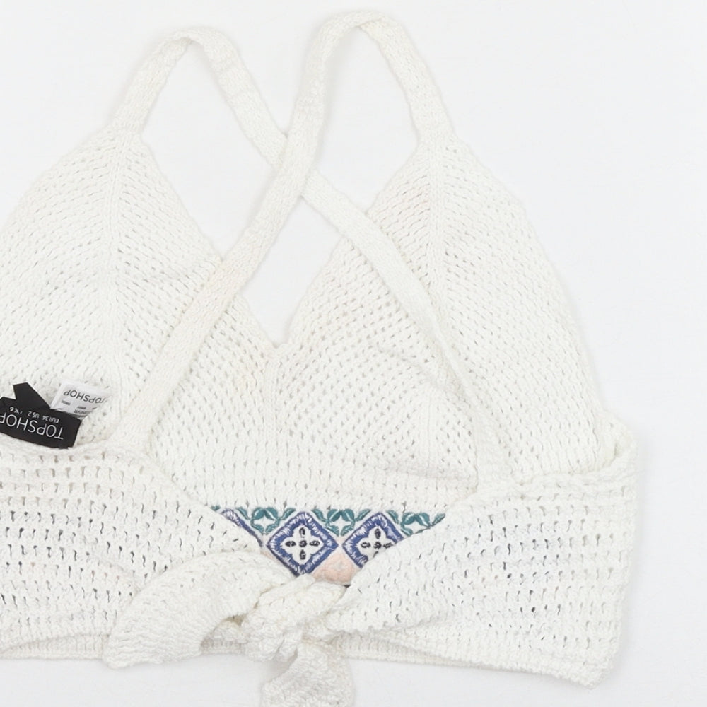 Topshop Womens White Geometric Cotton Cropped Tank Size 6 V-Neck
