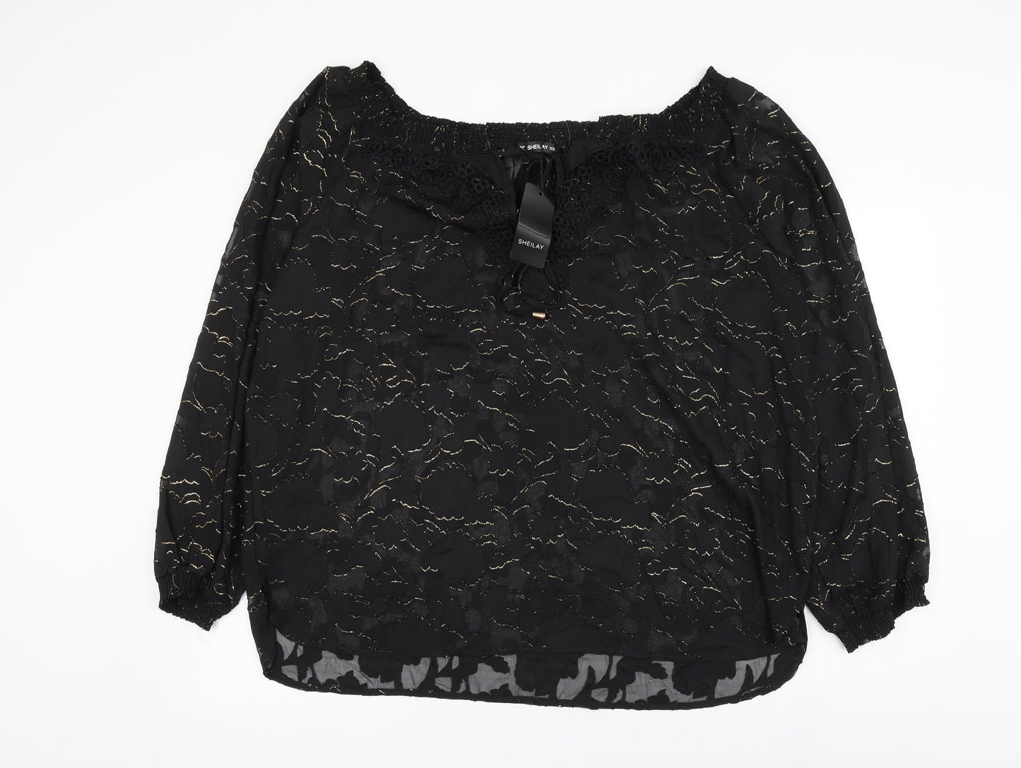 Sheilay Womens Black Floral Polyester Basic Blouse Size 3XL Boat Neck