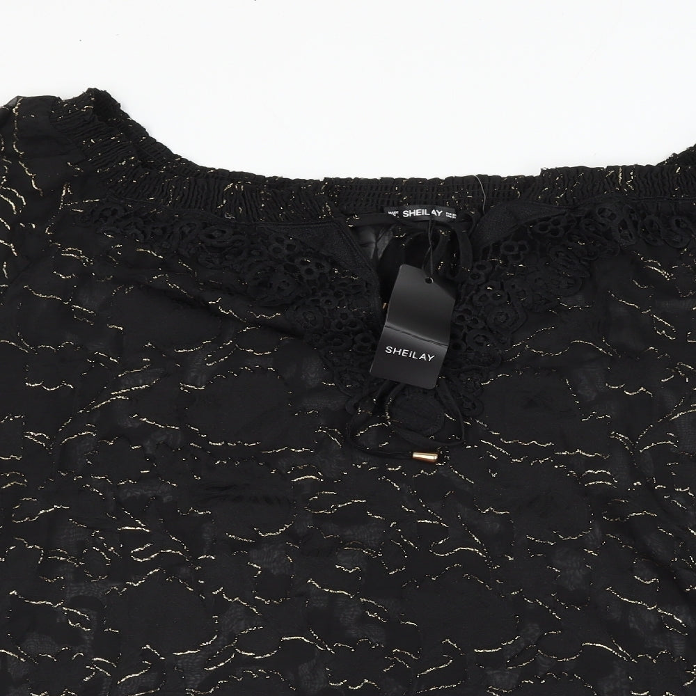 Sheilay Womens Black Floral Polyester Basic Blouse Size 3XL Boat Neck