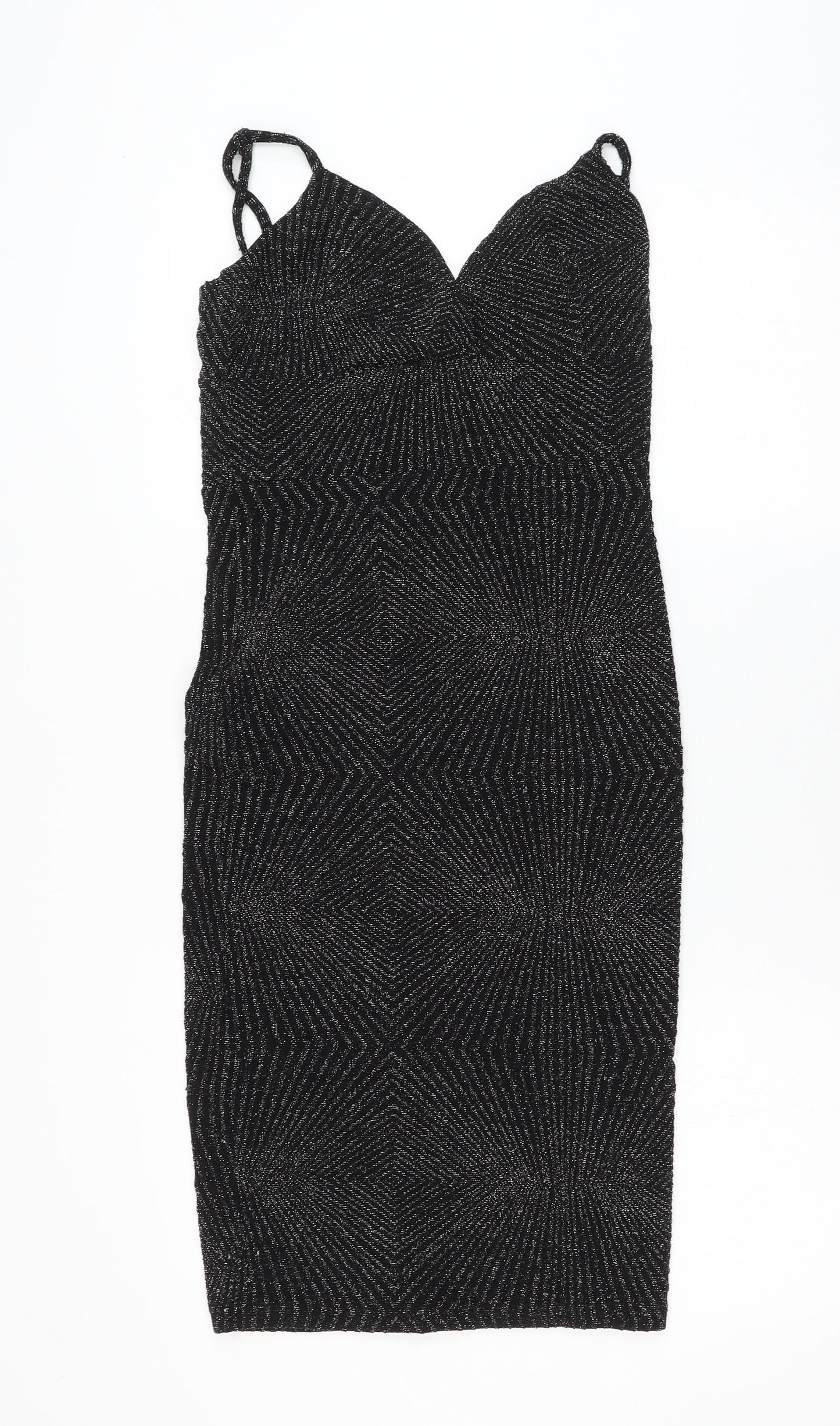 Miss Selfridge Womens Black Geometric Polyamide Bodycon Size 12 V-Neck Pullover
