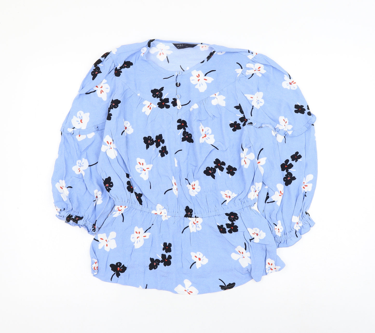 Marks and Spencer Womens Blue Floral Viscose Basic Blouse Size 12 Round Neck