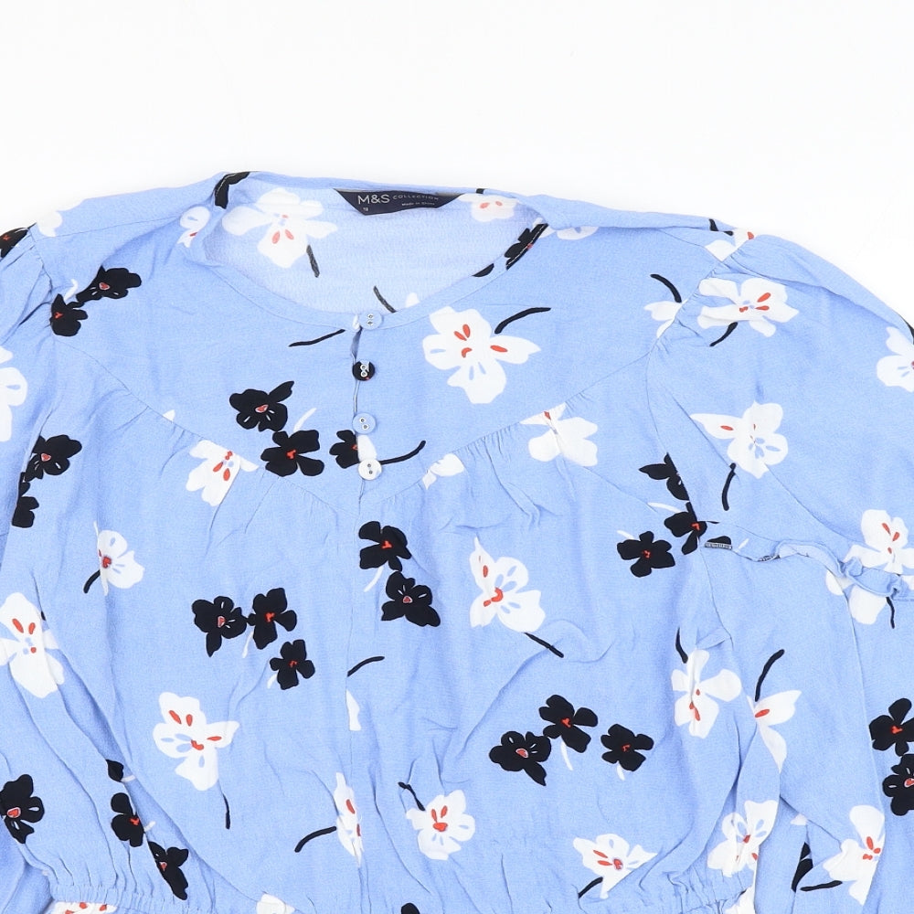 Marks and Spencer Womens Blue Floral Viscose Basic Blouse Size 12 Round Neck