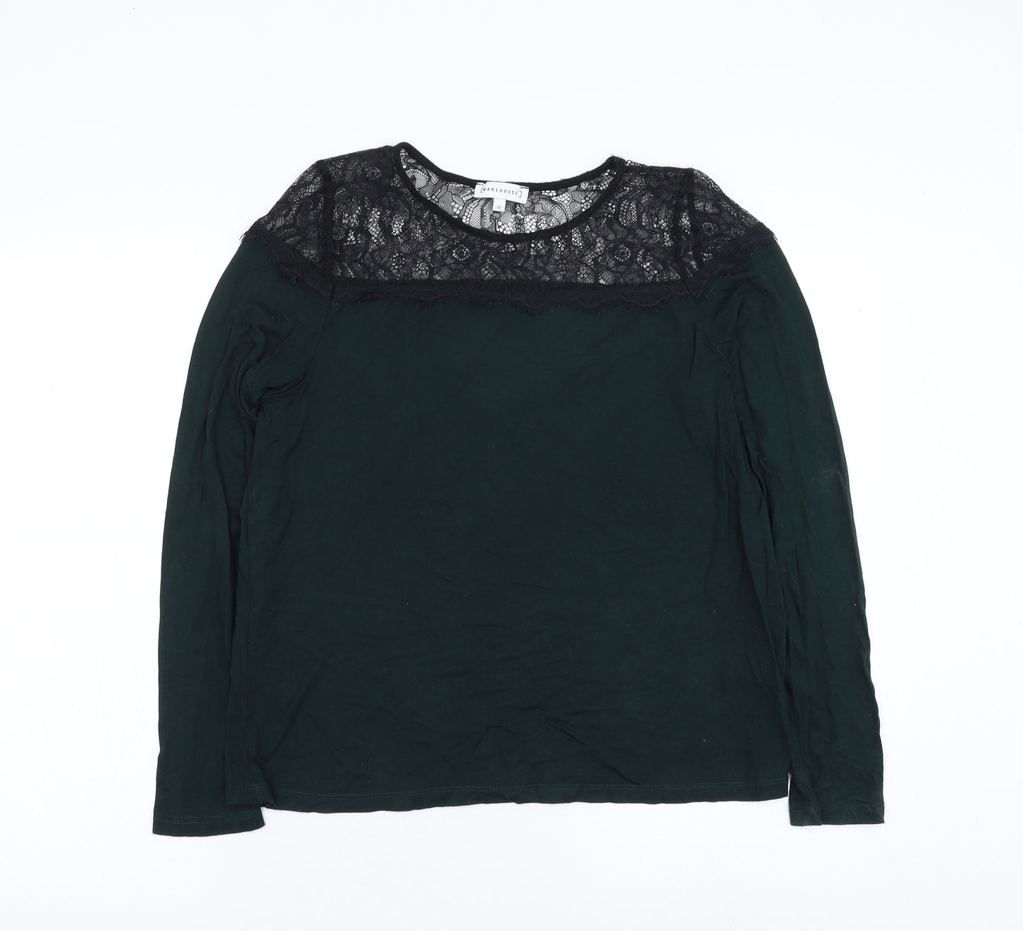 Warehouse Womens Green Viscose Basic Blouse Size 12 Round Neck - Lace Neckline