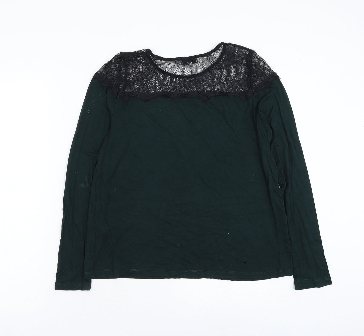 Warehouse Womens Green Viscose Basic Blouse Size 12 Round Neck - Lace Neckline
