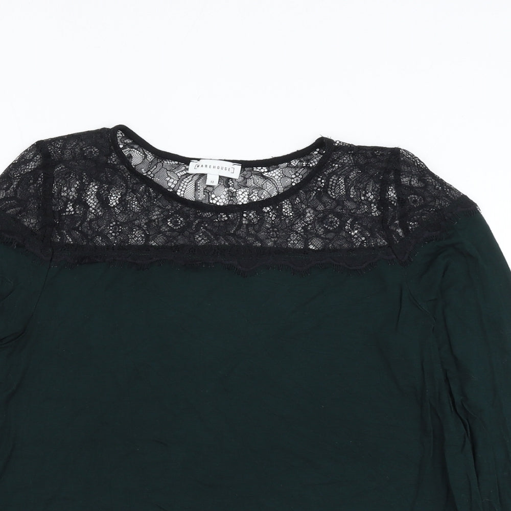 Warehouse Womens Green Viscose Basic Blouse Size 12 Round Neck - Lace Neckline
