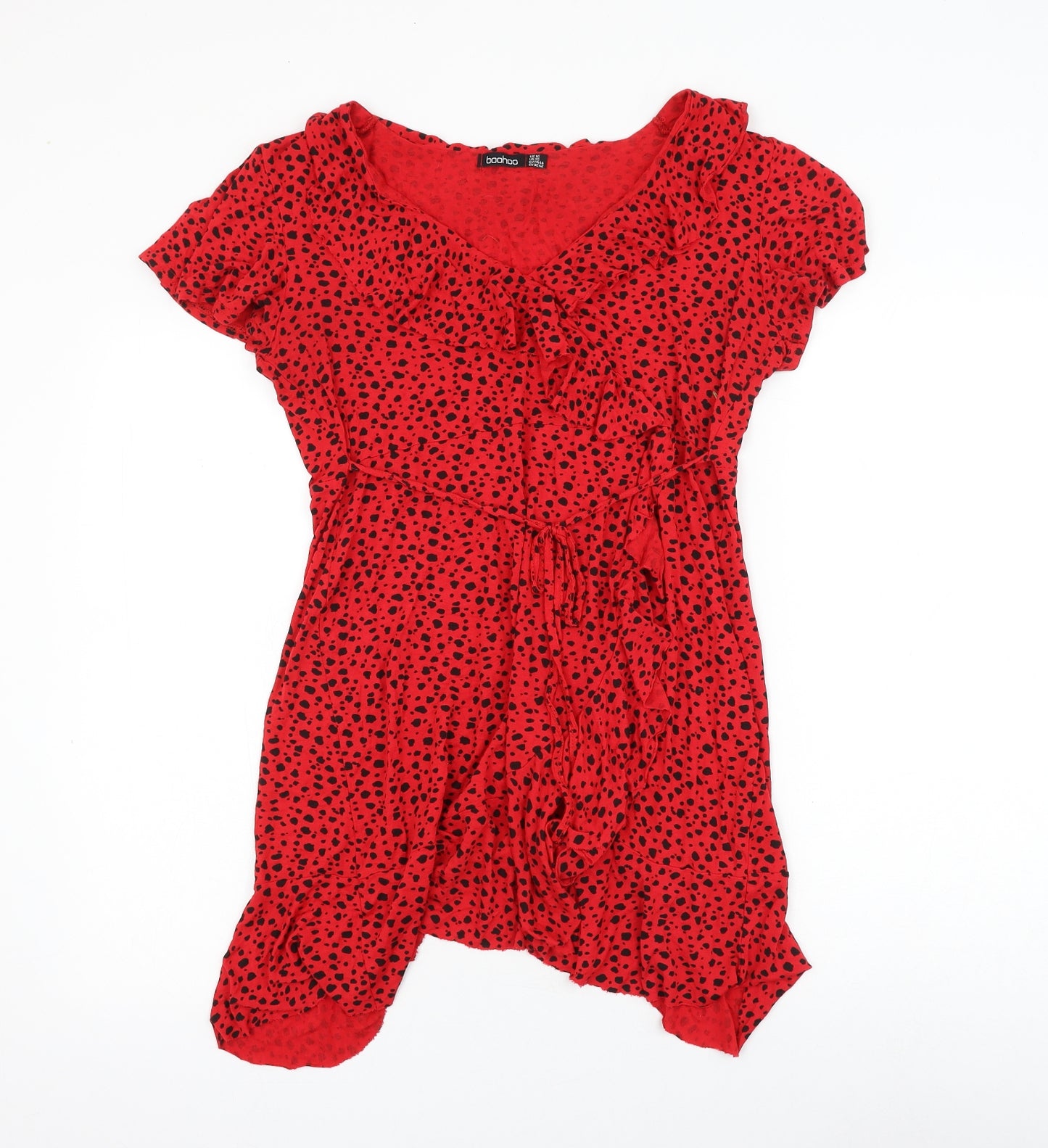 Boohoo Womens Red Animal Print Viscose Skater Dress Size 16 V-Neck Tie