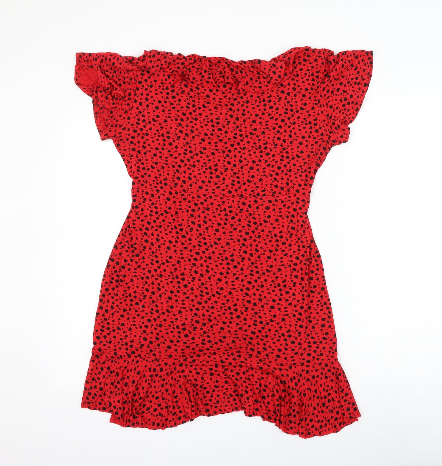 Boohoo Womens Red Animal Print Viscose Skater Dress Size 16 V-Neck Tie