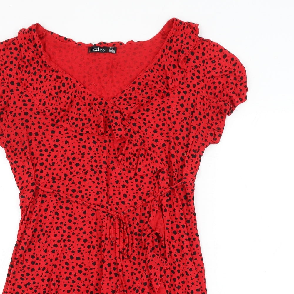 Boohoo Womens Red Animal Print Viscose Skater Dress Size 16 V-Neck Tie