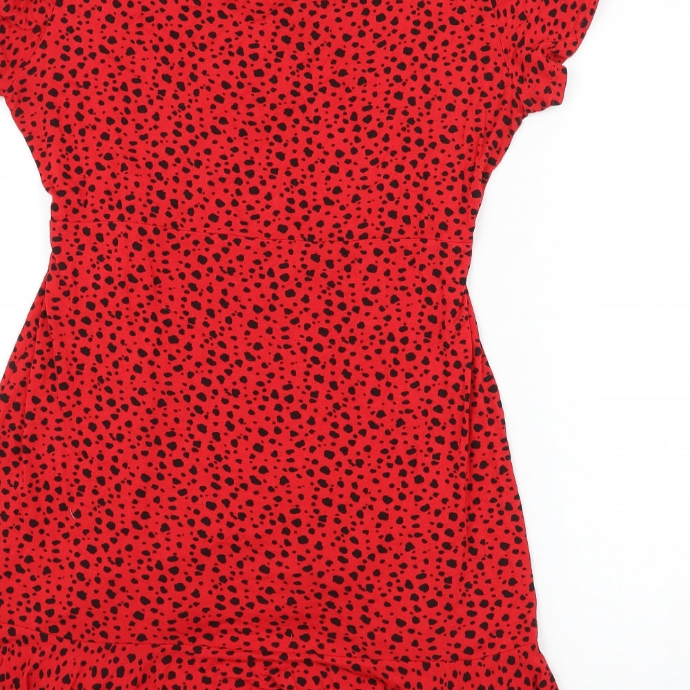 Boohoo Womens Red Animal Print Viscose Skater Dress Size 16 V-Neck Tie
