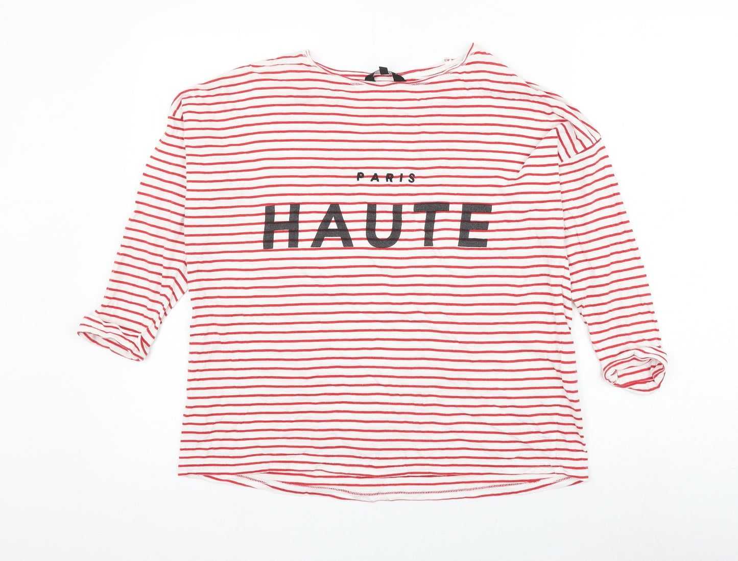 New Look Womens Red Striped Cotton Basic Blouse Size 8 Round Neck - Paris Haute