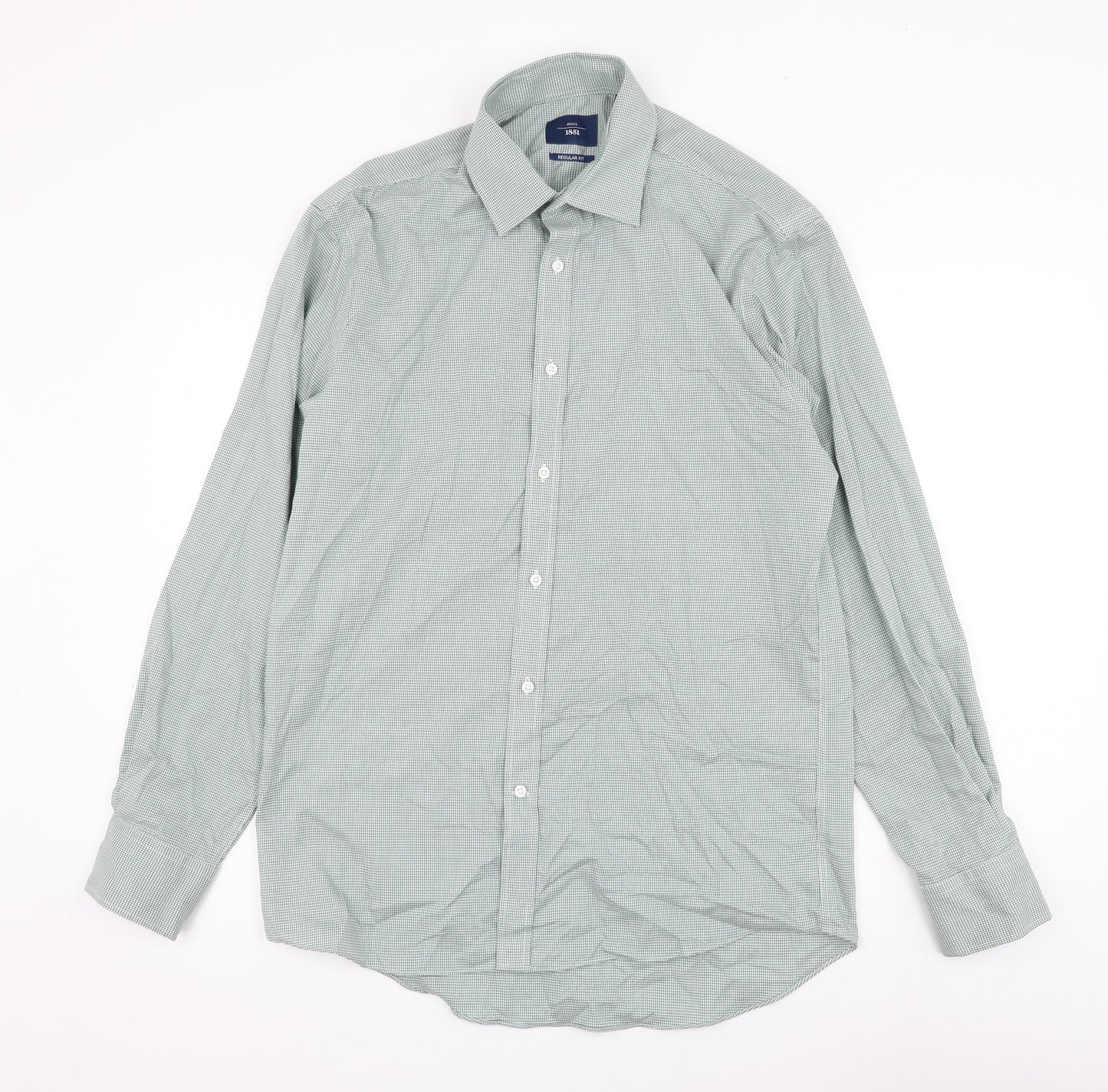 Moss Mens Blue Houndstooth Cotton Dress Shirt Size 15.5 Collared Button