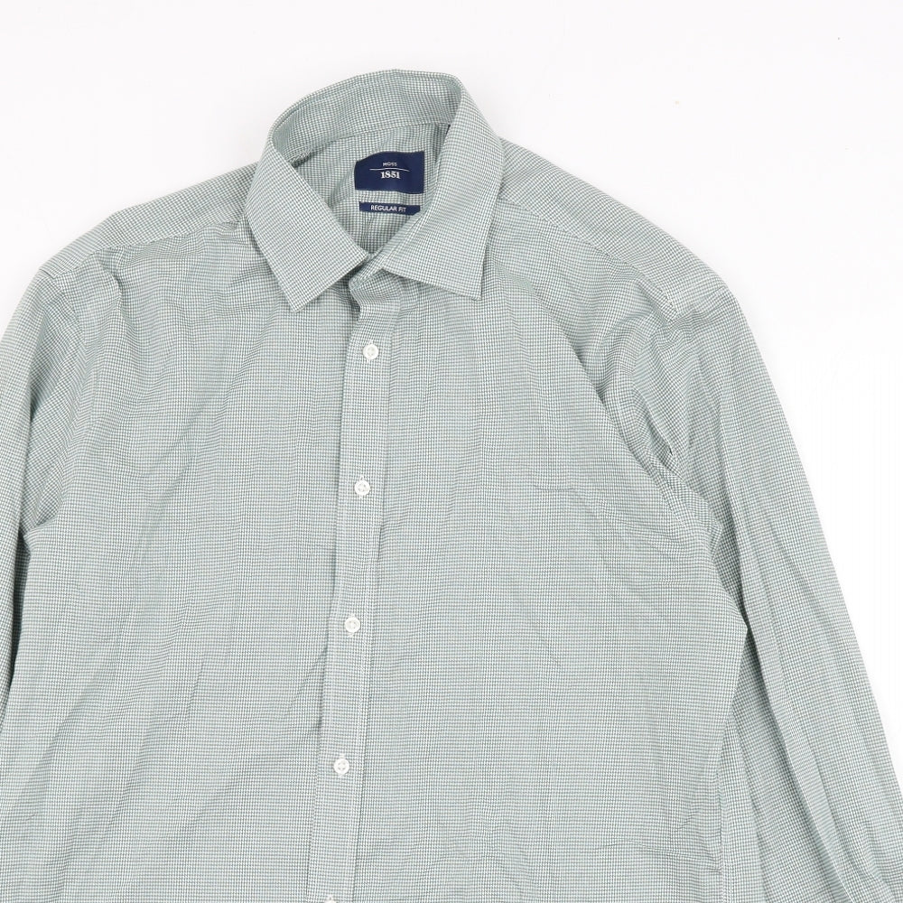 Moss Mens Blue Houndstooth Cotton Dress Shirt Size 15.5 Collared Button