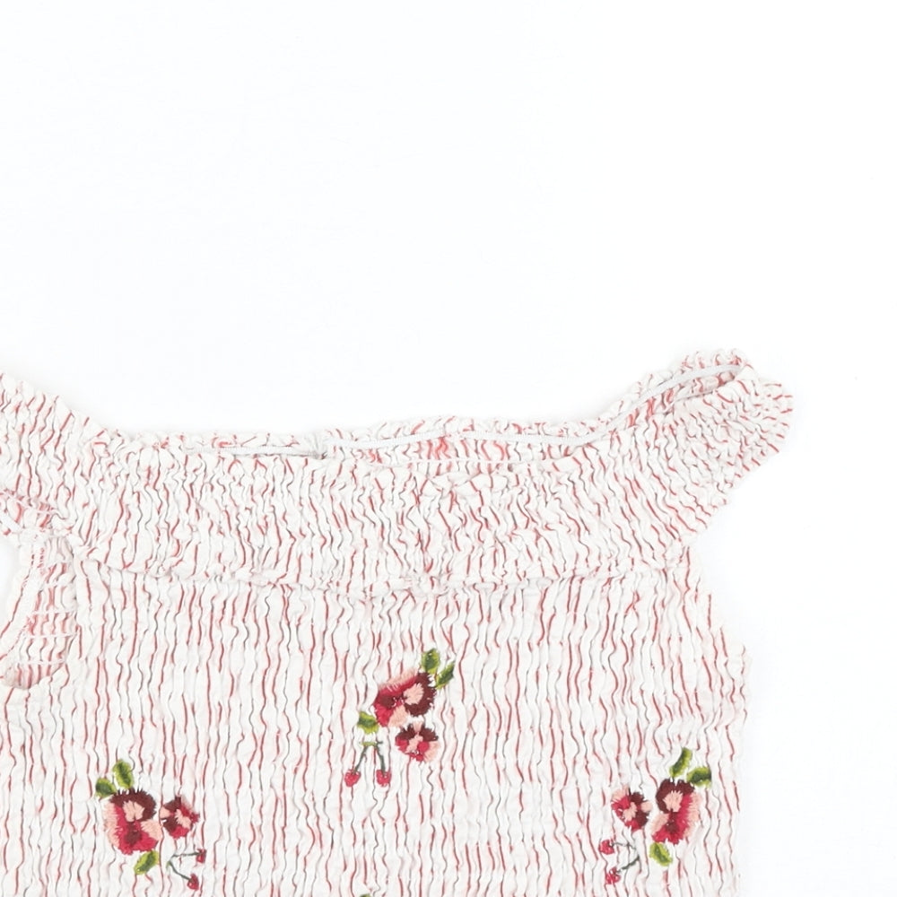 NEXT Girls White Striped Cotton Basic Blouse Size 12 Years Round Neck Pullover - Flower