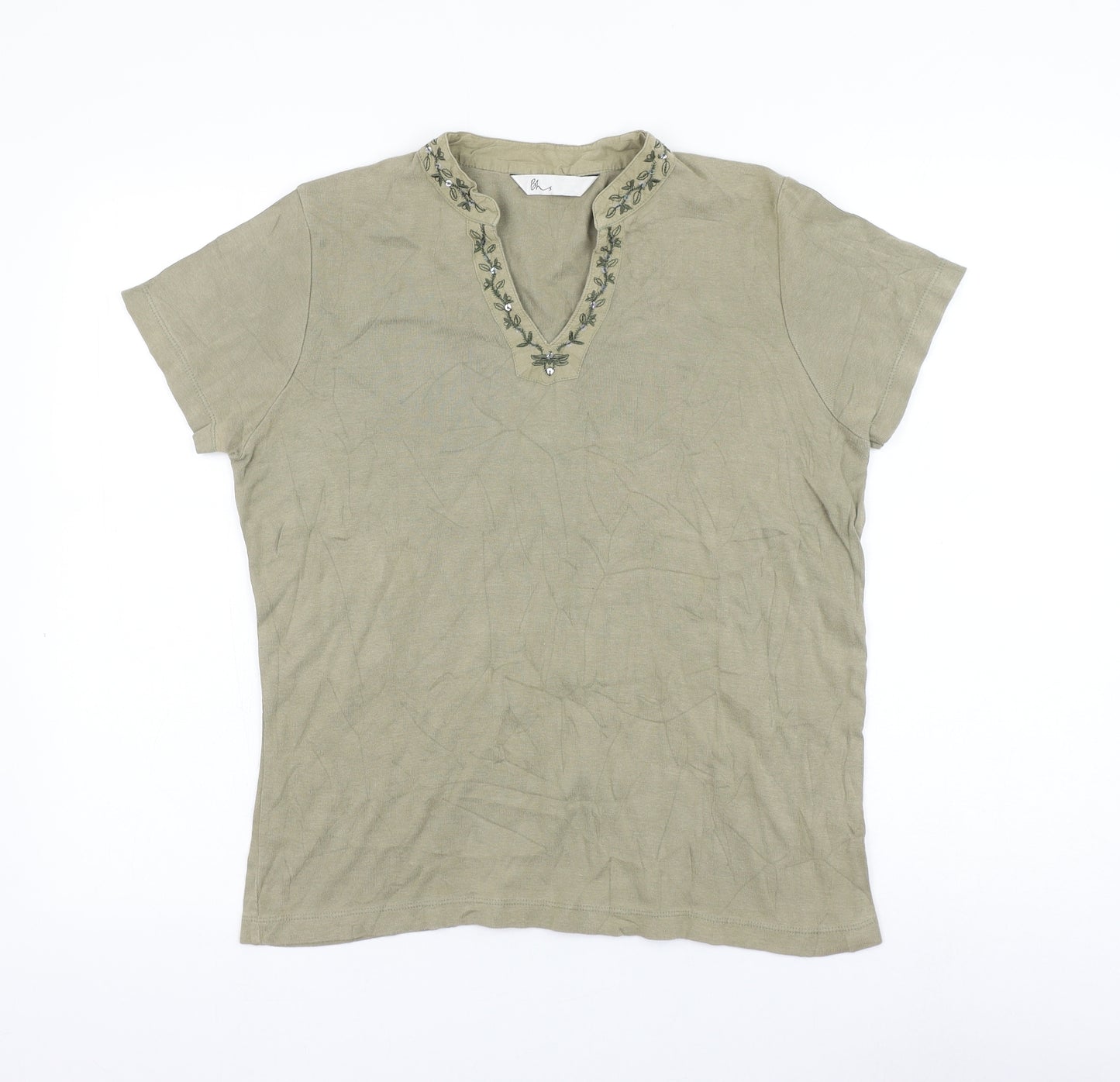 BHS Womens Green Cotton Basic Blouse Size 10 V-Neck