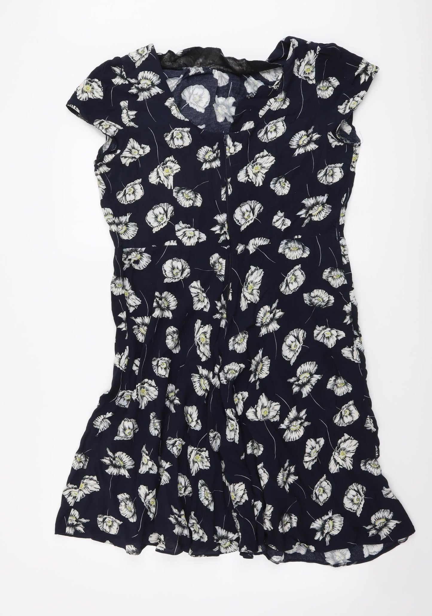 Wallis Womens Blue Floral Viscose A-Line Size 14 Round Neck Zip