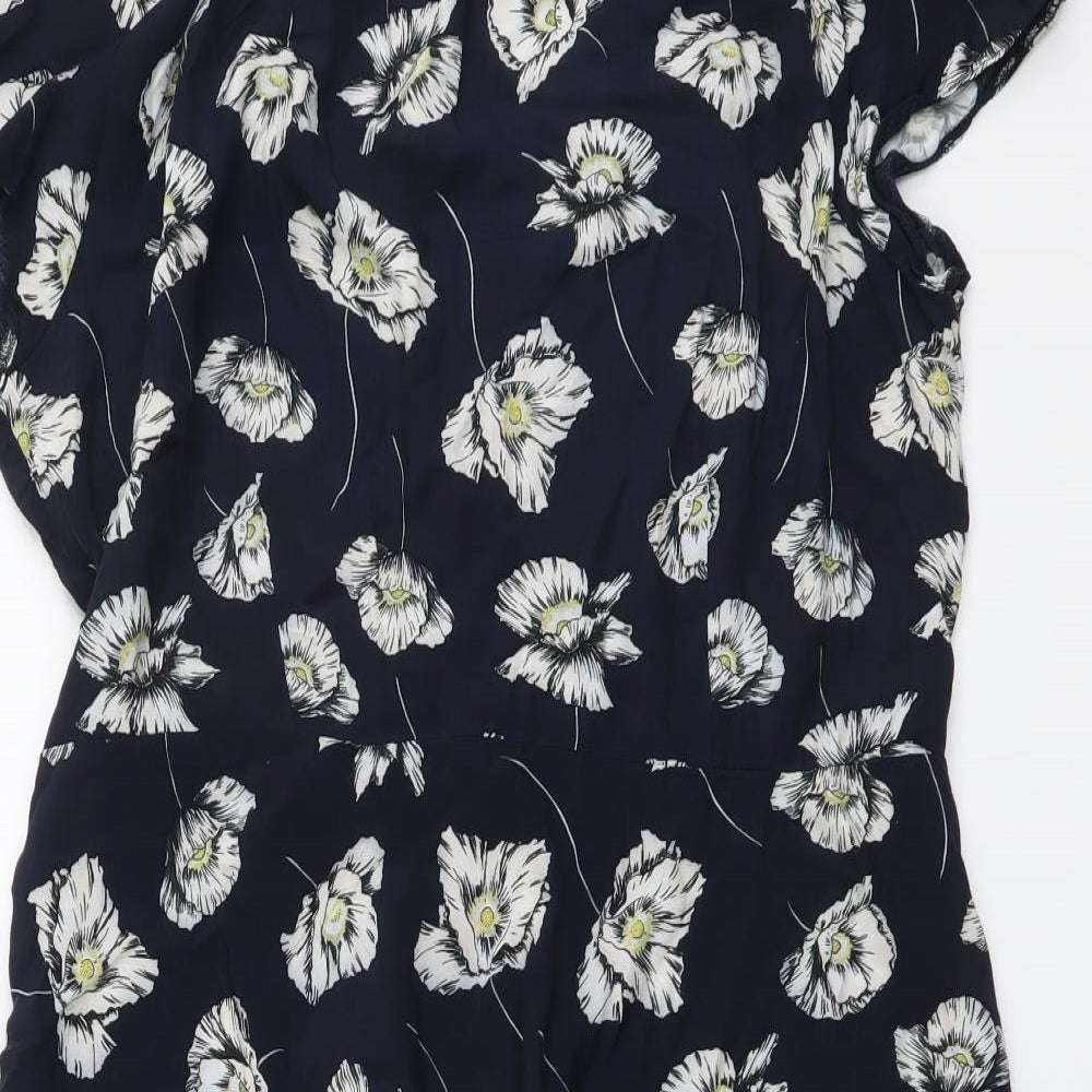 Wallis Womens Blue Floral Viscose A-Line Size 14 Round Neck Zip