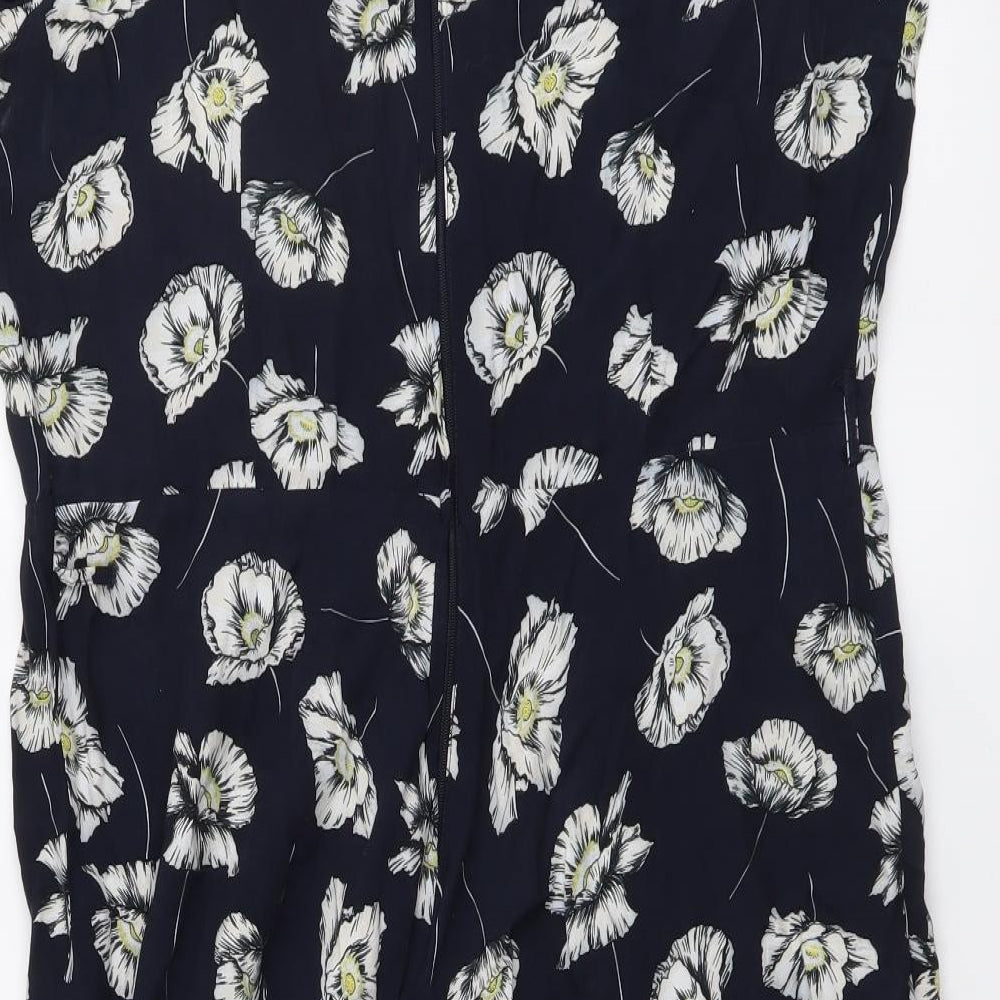 Wallis Womens Blue Floral Viscose A-Line Size 14 Round Neck Zip