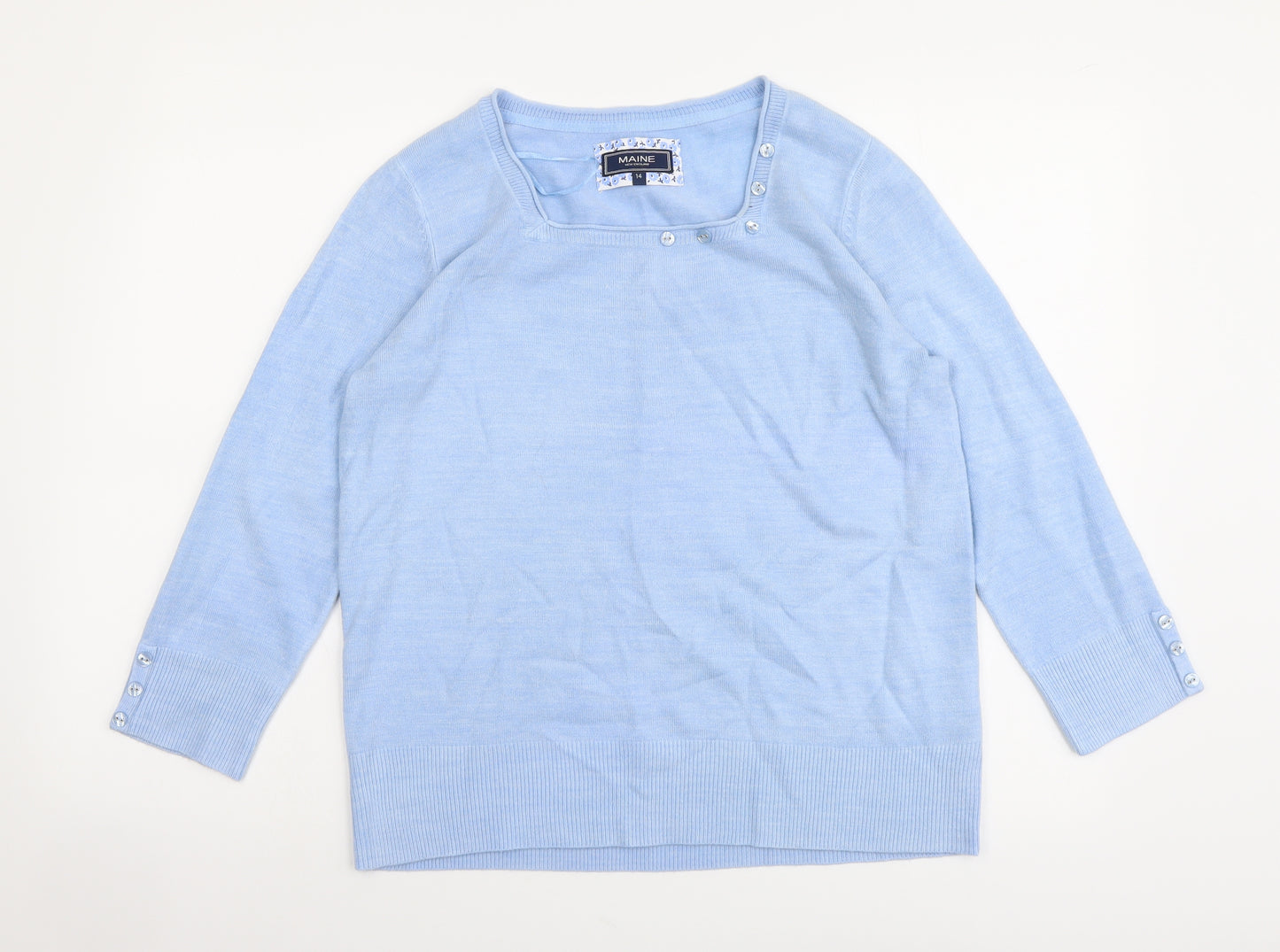 Maine Womens Blue Square Neck Acrylic Pullover Jumper Size 14