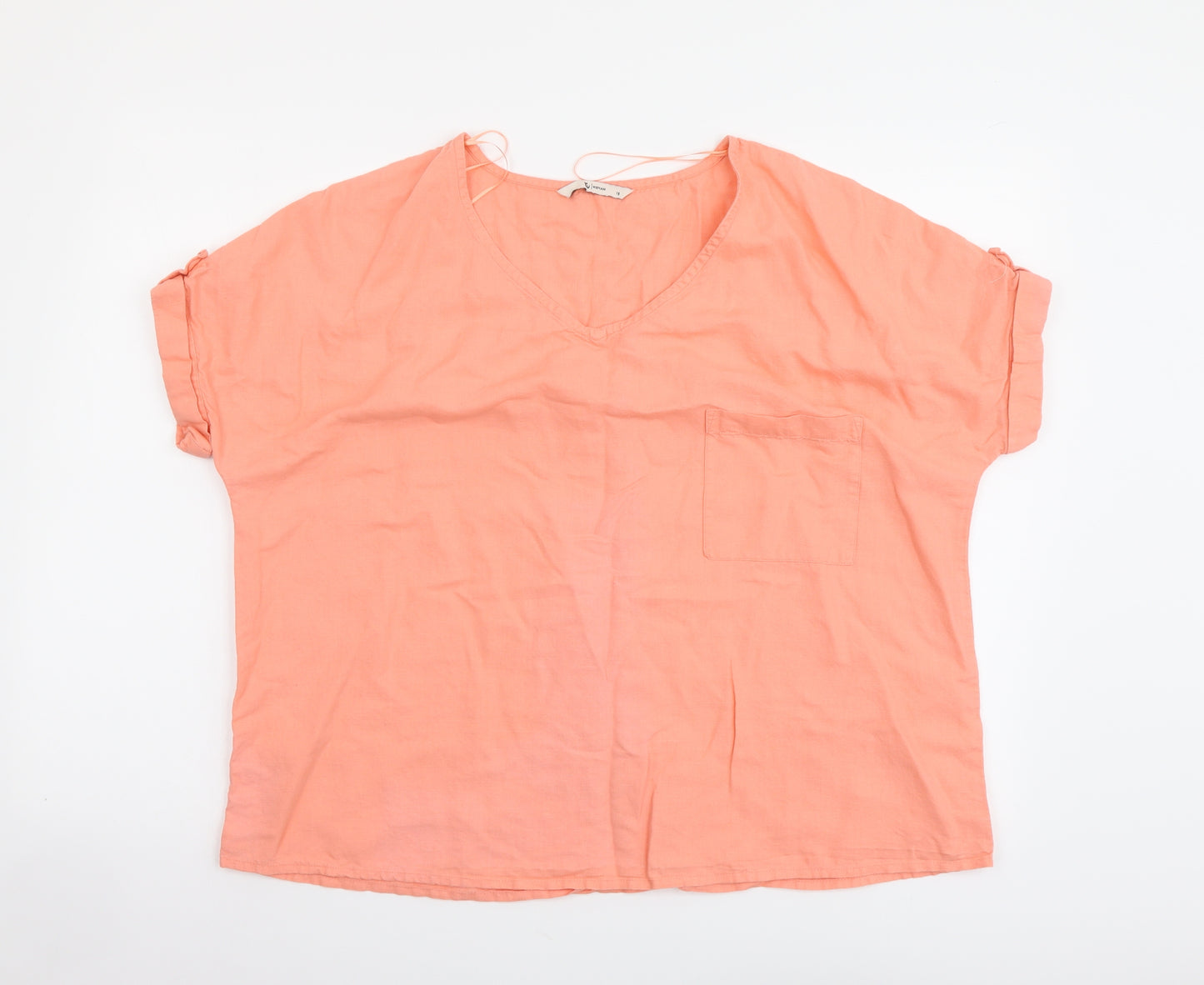 TU Womens Orange Linen Basic T-Shirt Size 18 V-Neck