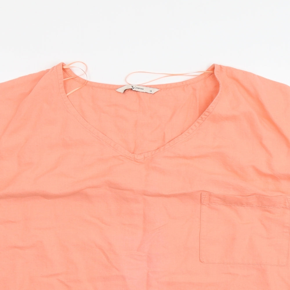 TU Womens Orange Linen Basic T-Shirt Size 18 V-Neck