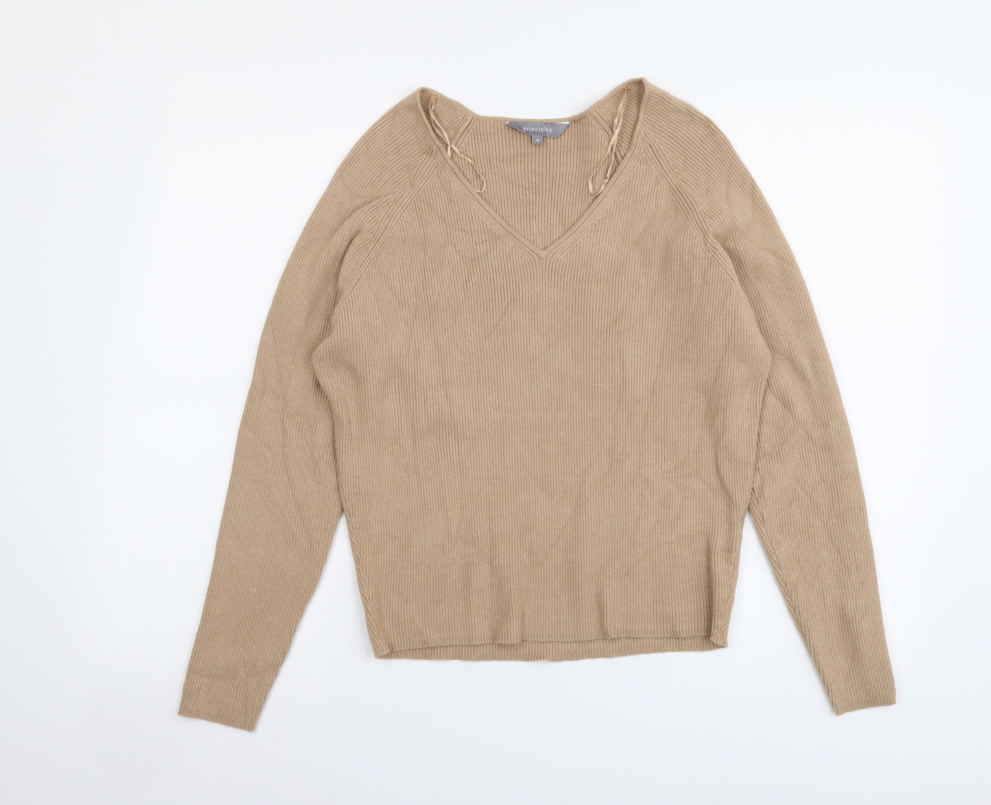 Principles Womens Beige V-Neck Viscose Pullover Jumper Size M - Ribbed