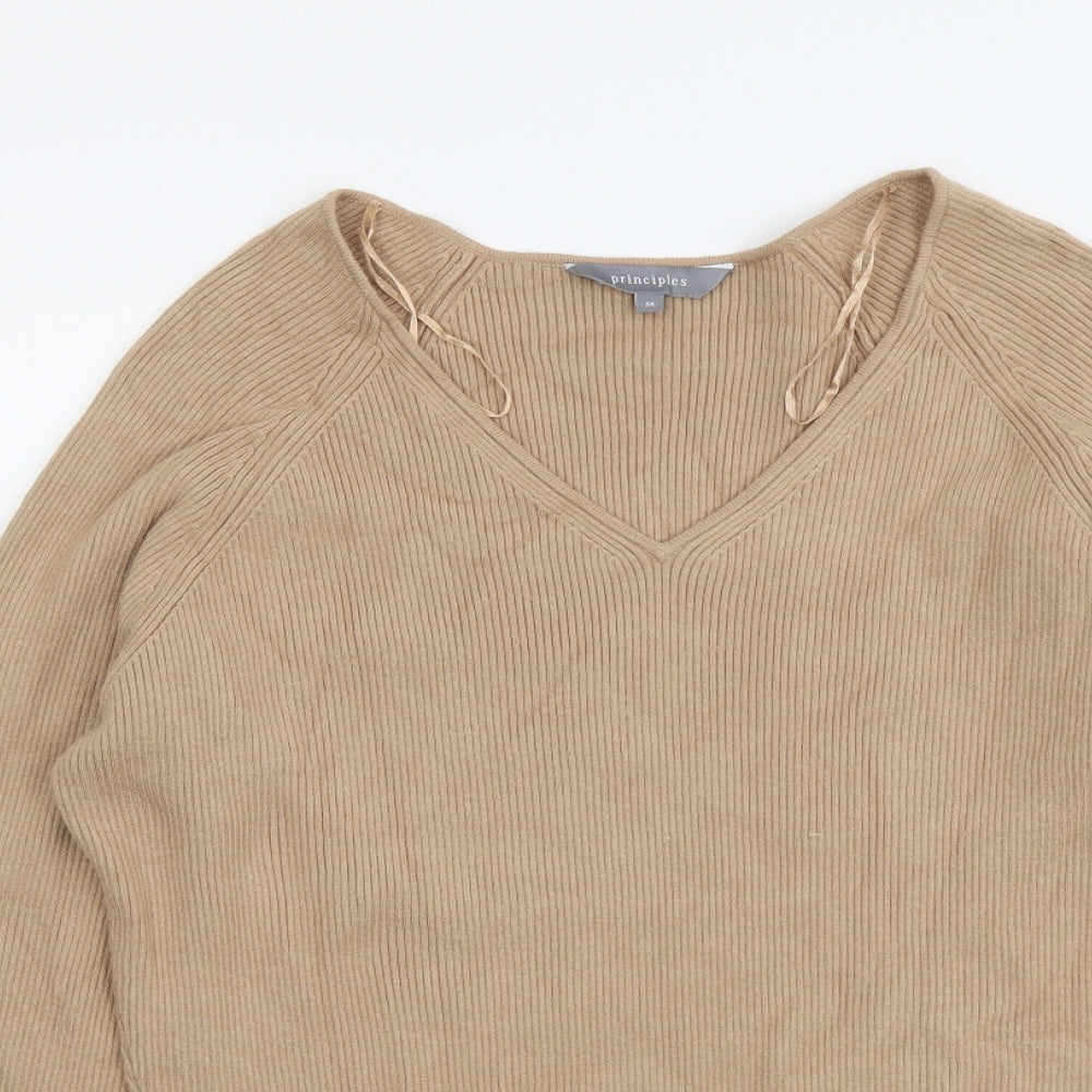 Principles Womens Beige V-Neck Viscose Pullover Jumper Size M - Ribbed