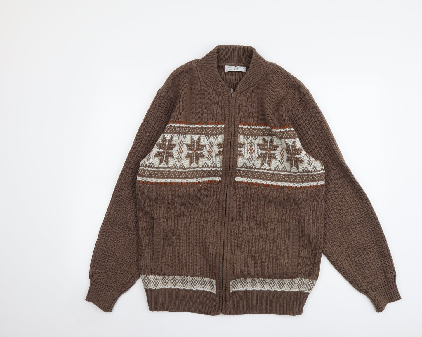 Berkertex Mens Brown Round Neck Fair Isle Acrylic Full Zip Jumper Size S