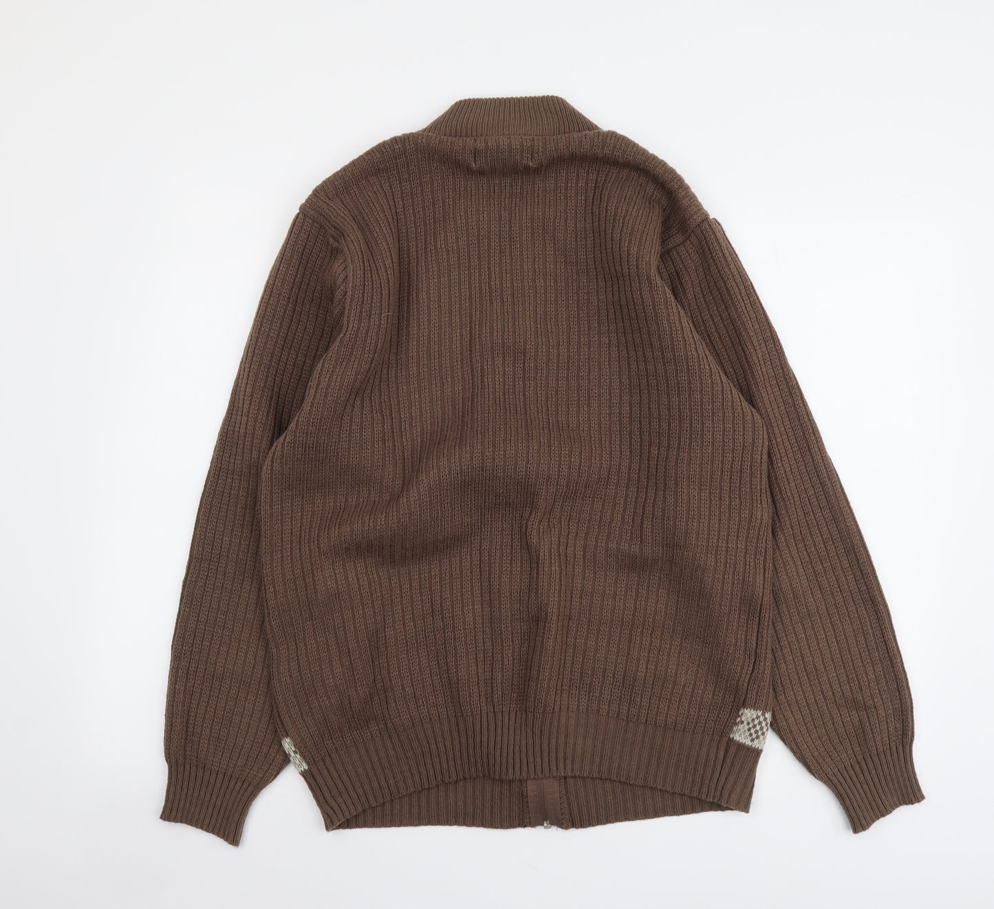 Berkertex Mens Brown Round Neck Fair Isle Acrylic Full Zip Jumper Size S