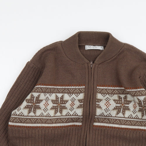 Berkertex Mens Brown Round Neck Fair Isle Acrylic Full Zip Jumper Size S