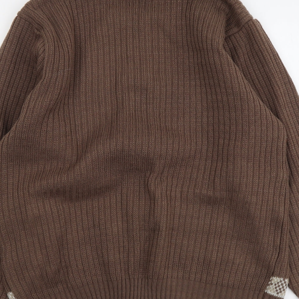 Berkertex Mens Brown Round Neck Fair Isle Acrylic Full Zip Jumper Size S