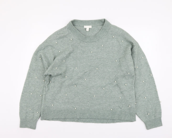H&M Womens Green Round Neck Polyester Pullover Jumper Size M