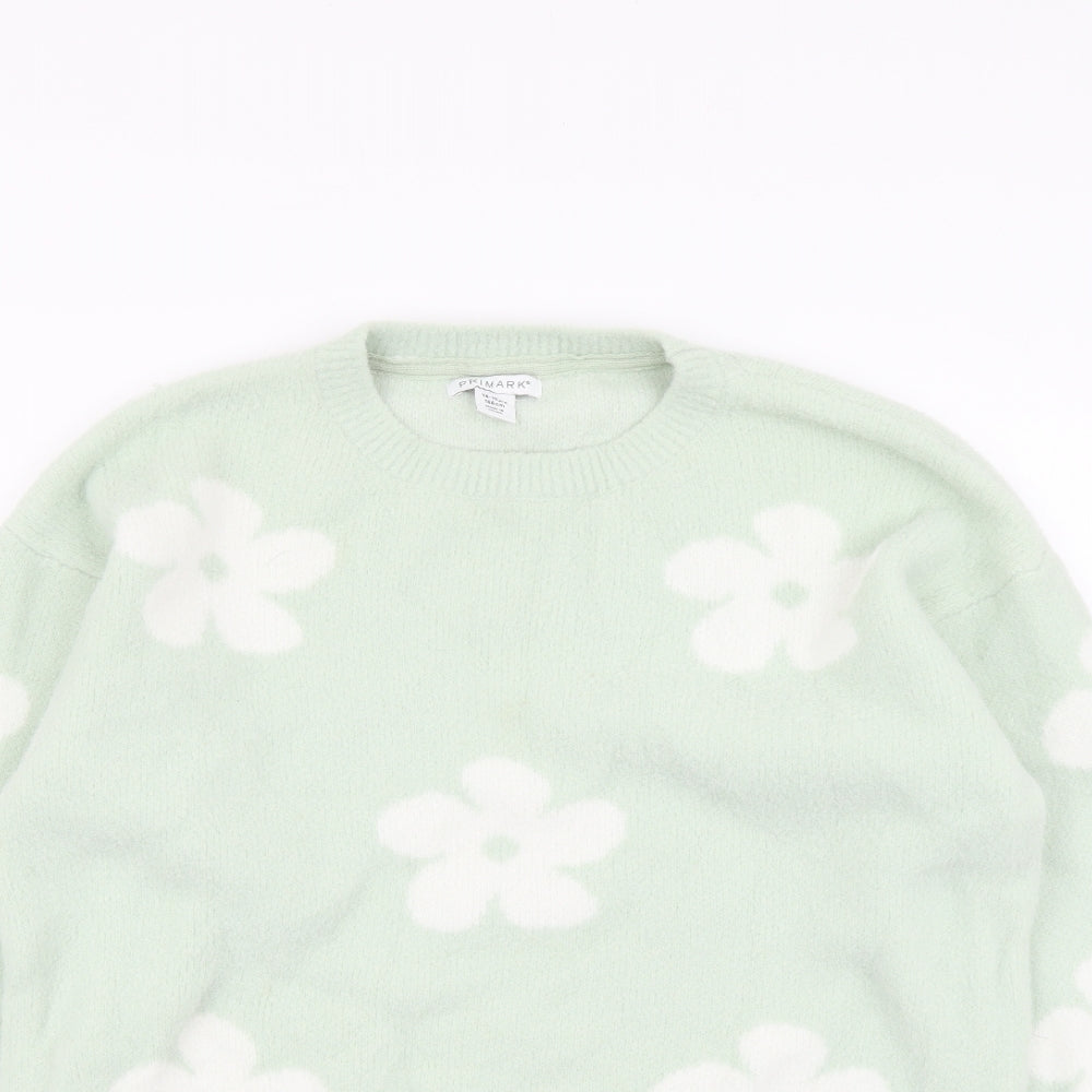 Primark Girls Green Round Neck Floral Polyamide Pullover Jumper Size 14-15 Years Pullover