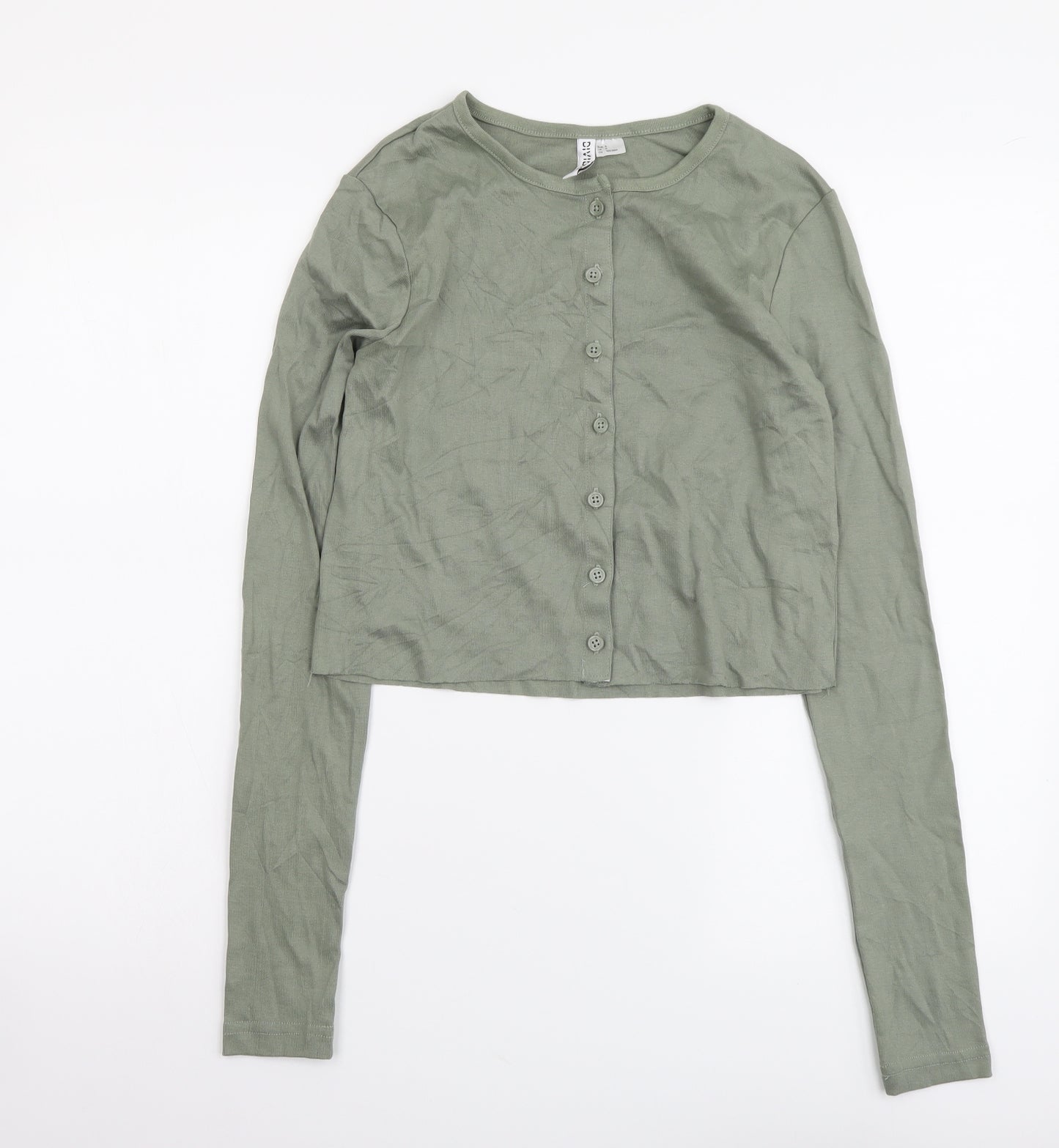 H&M Womens Green Cotton Cropped Button-Up Size S Round Neck