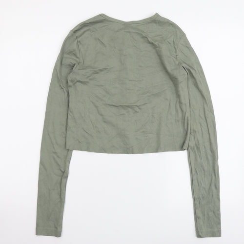 H&M Womens Green Cotton Cropped Button-Up Size S Round Neck