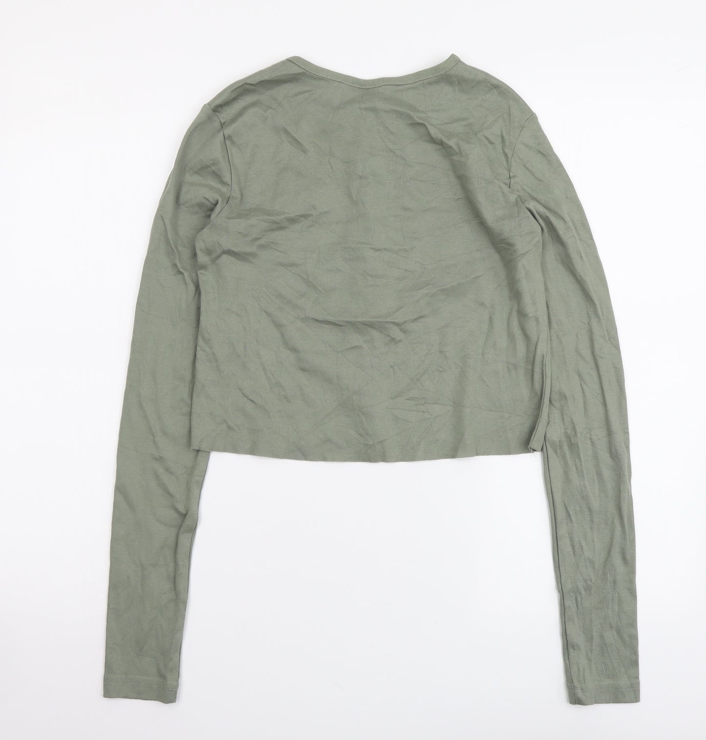 H&M Womens Green Cotton Cropped Button-Up Size S Round Neck
