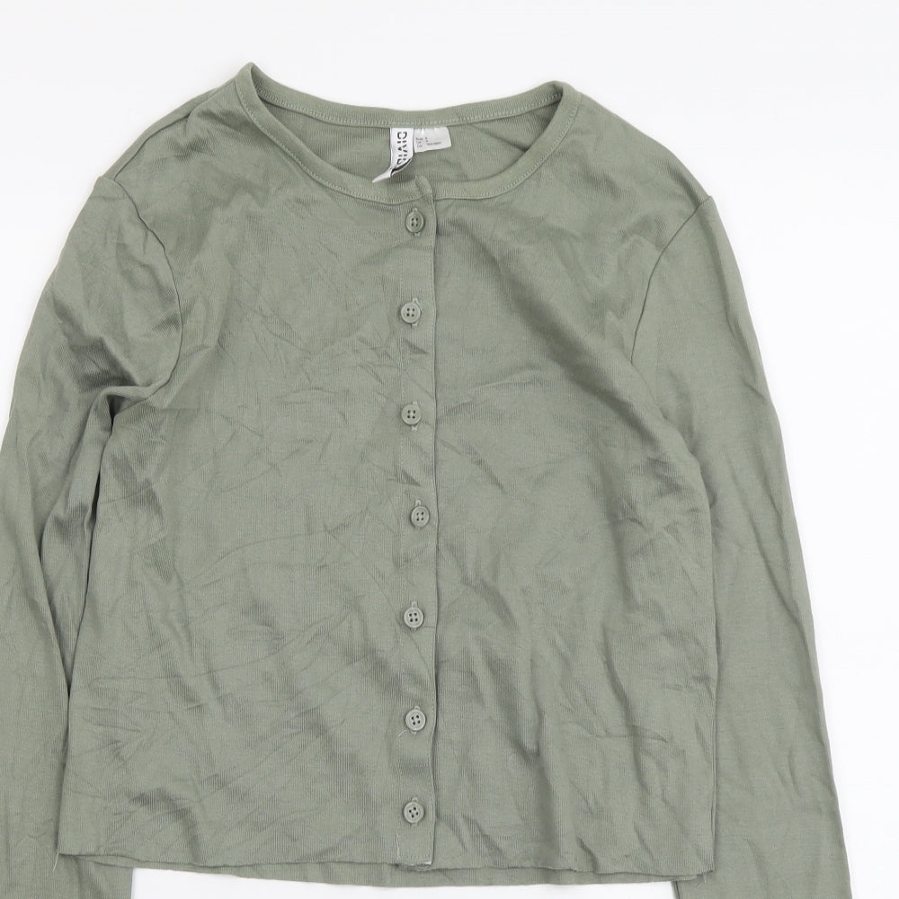 H&M Womens Green Cotton Cropped Button-Up Size S Round Neck
