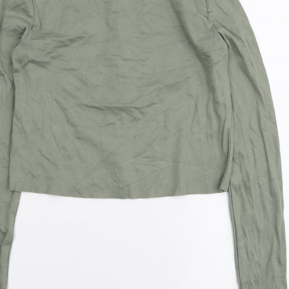H&M Womens Green Cotton Cropped Button-Up Size S Round Neck