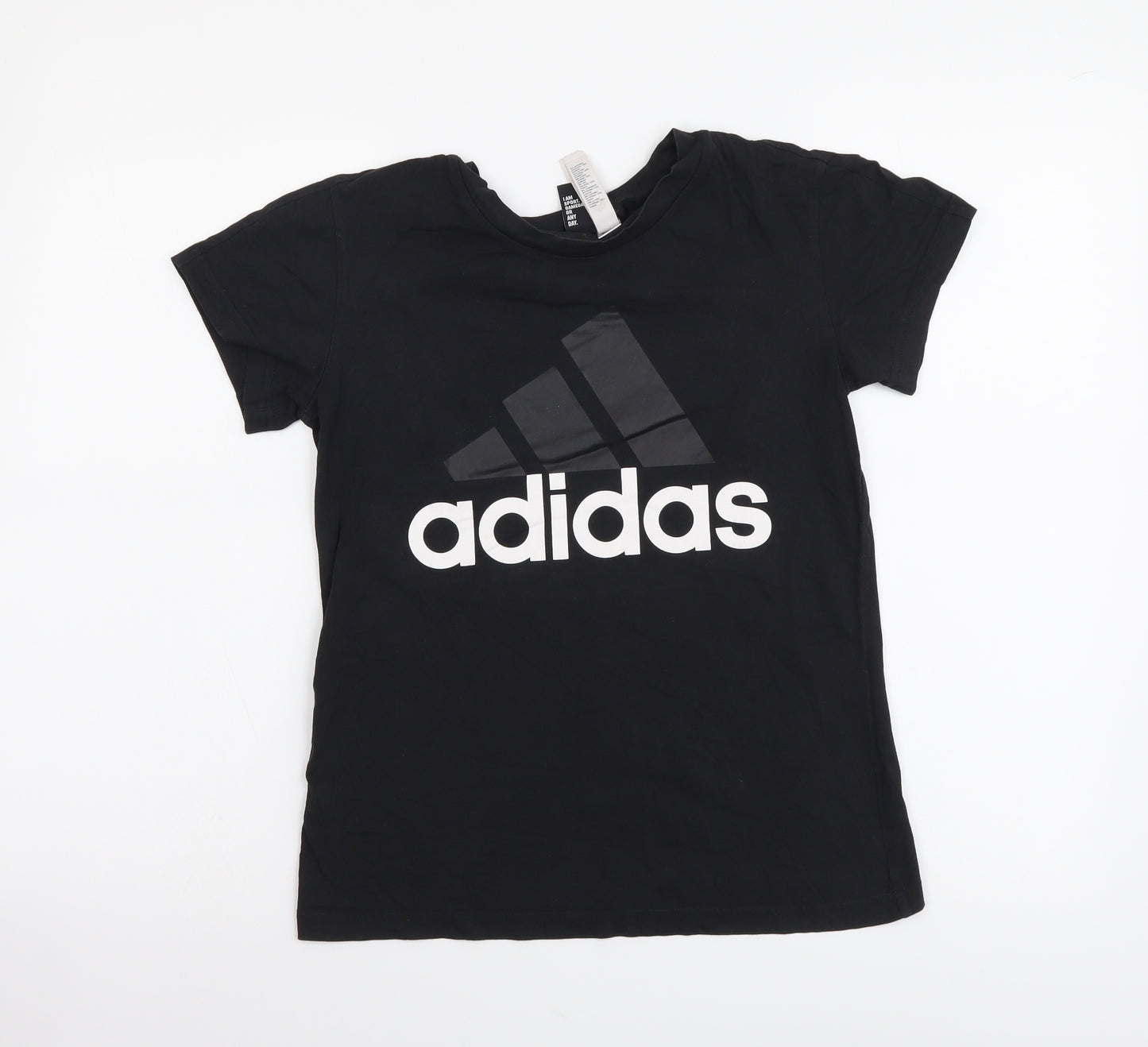 adidas Boys Black Cotton Basic T-Shirt Size 8-9 Years Round Neck Pullover