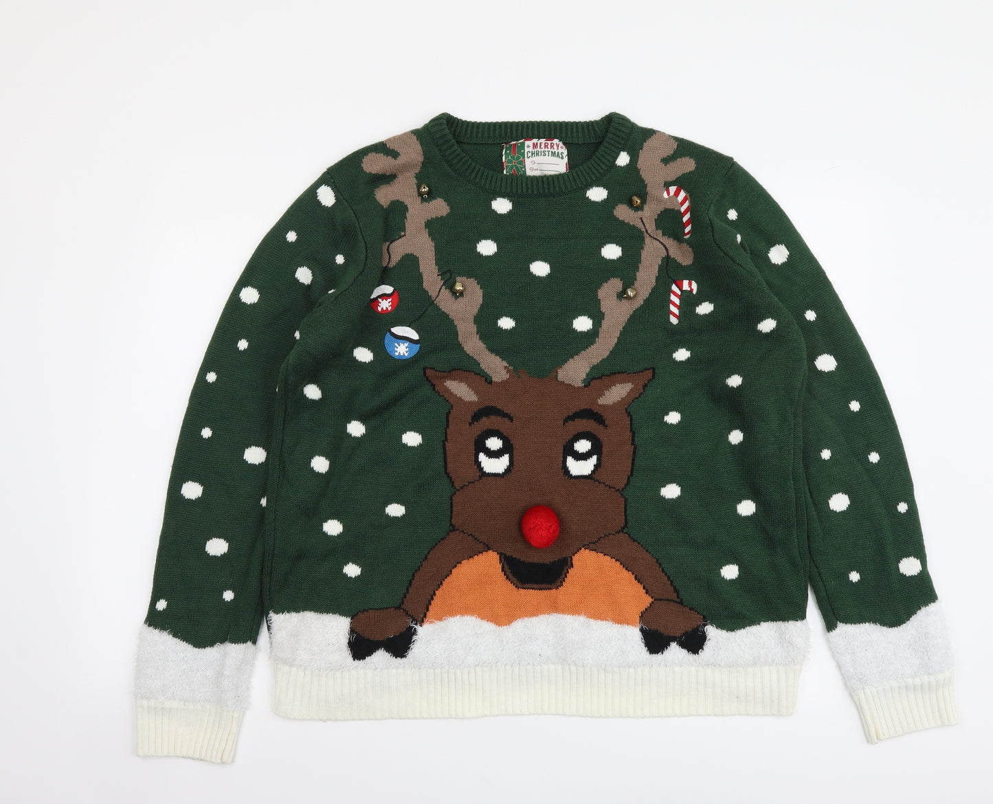 Cedar Wood State Mens Green Round Neck Geometric Acrylic Henley Jumper Size XL - Reindeer Print