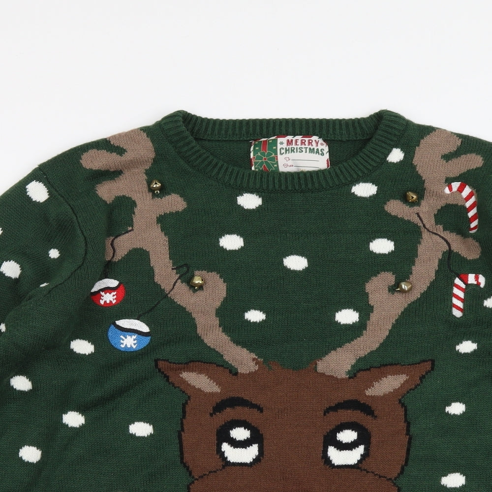 Cedar Wood State Mens Green Round Neck Geometric Acrylic Henley Jumper Size XL - Reindeer Print