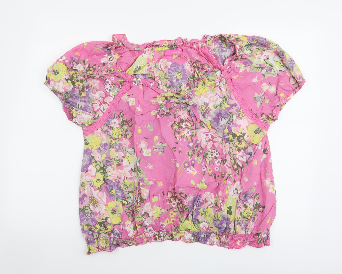 NEXT Womens Pink Floral Cotton Basic Blouse Size 16 Round Neck