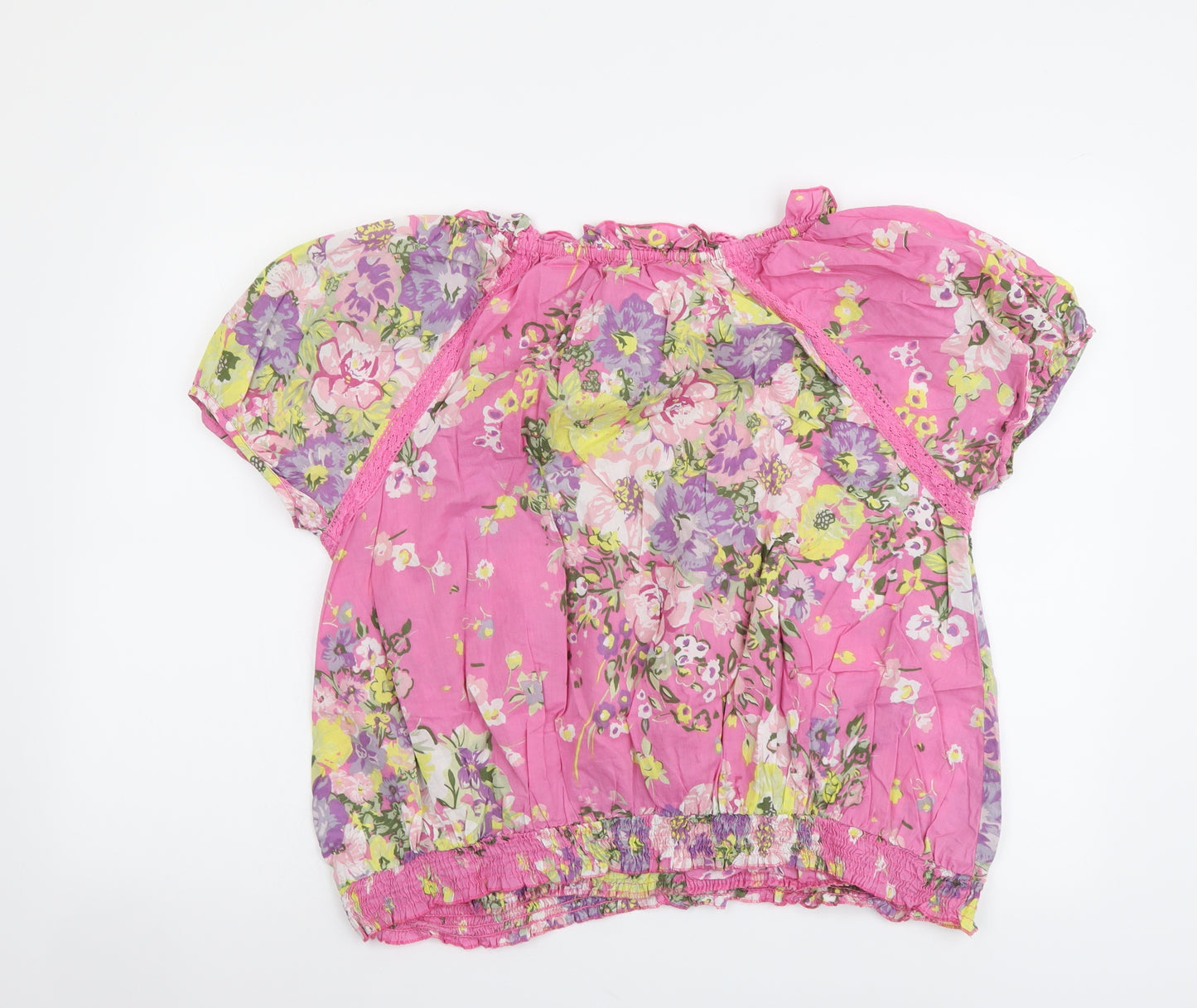 NEXT Womens Pink Floral Cotton Basic Blouse Size 16 Round Neck