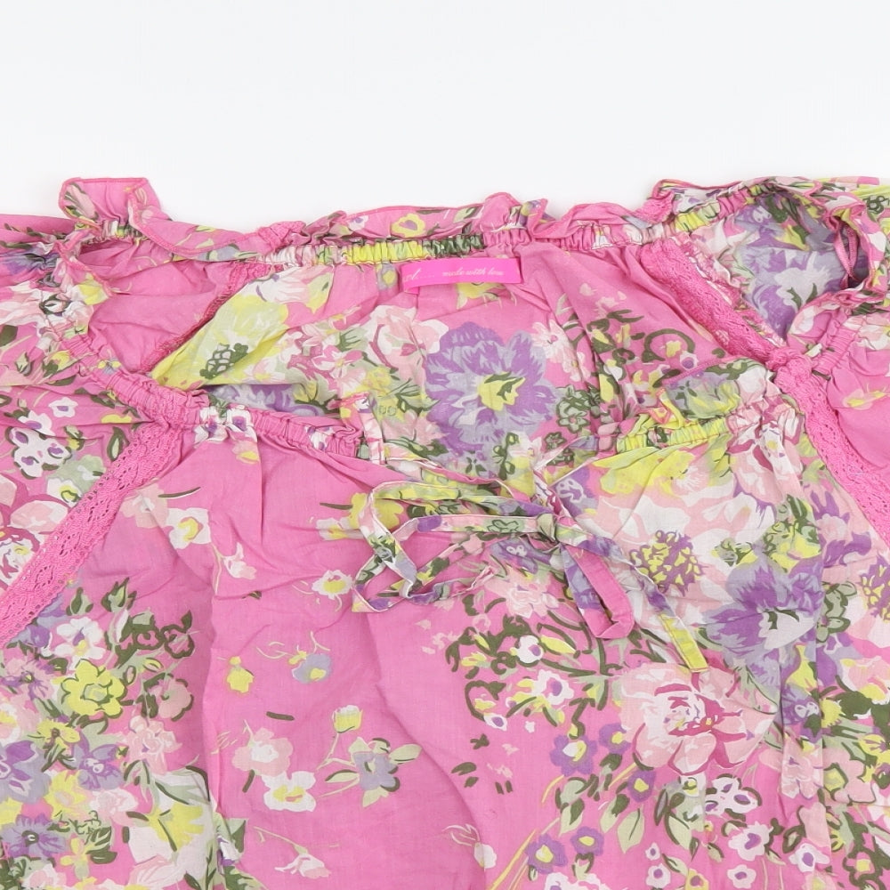 NEXT Womens Pink Floral Cotton Basic Blouse Size 16 Round Neck
