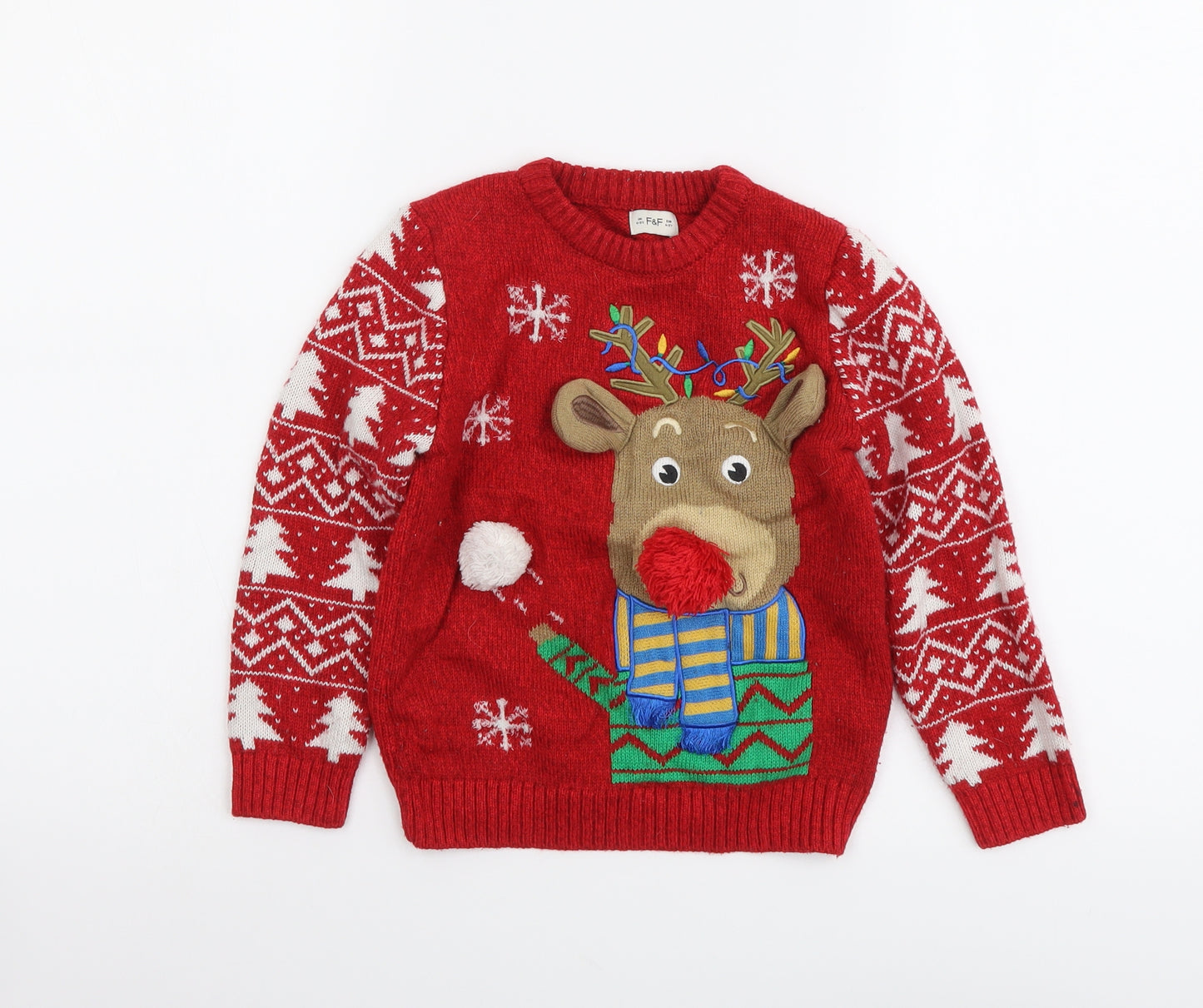 F&F Boys Red Round Neck Geometric Polyester Pullover Jumper Size 4-5 Years Pullover - Reindeer Christmas