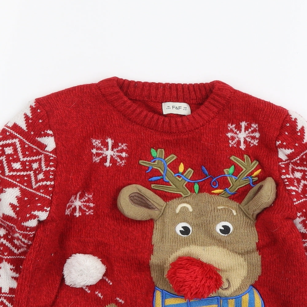 F&F Boys Red Round Neck Geometric Polyester Pullover Jumper Size 4-5 Years Pullover - Reindeer Christmas