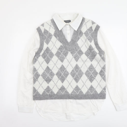 Primark Womens Grey Collared Argyle/Diamond Acrylic Pullover Jumper Size S