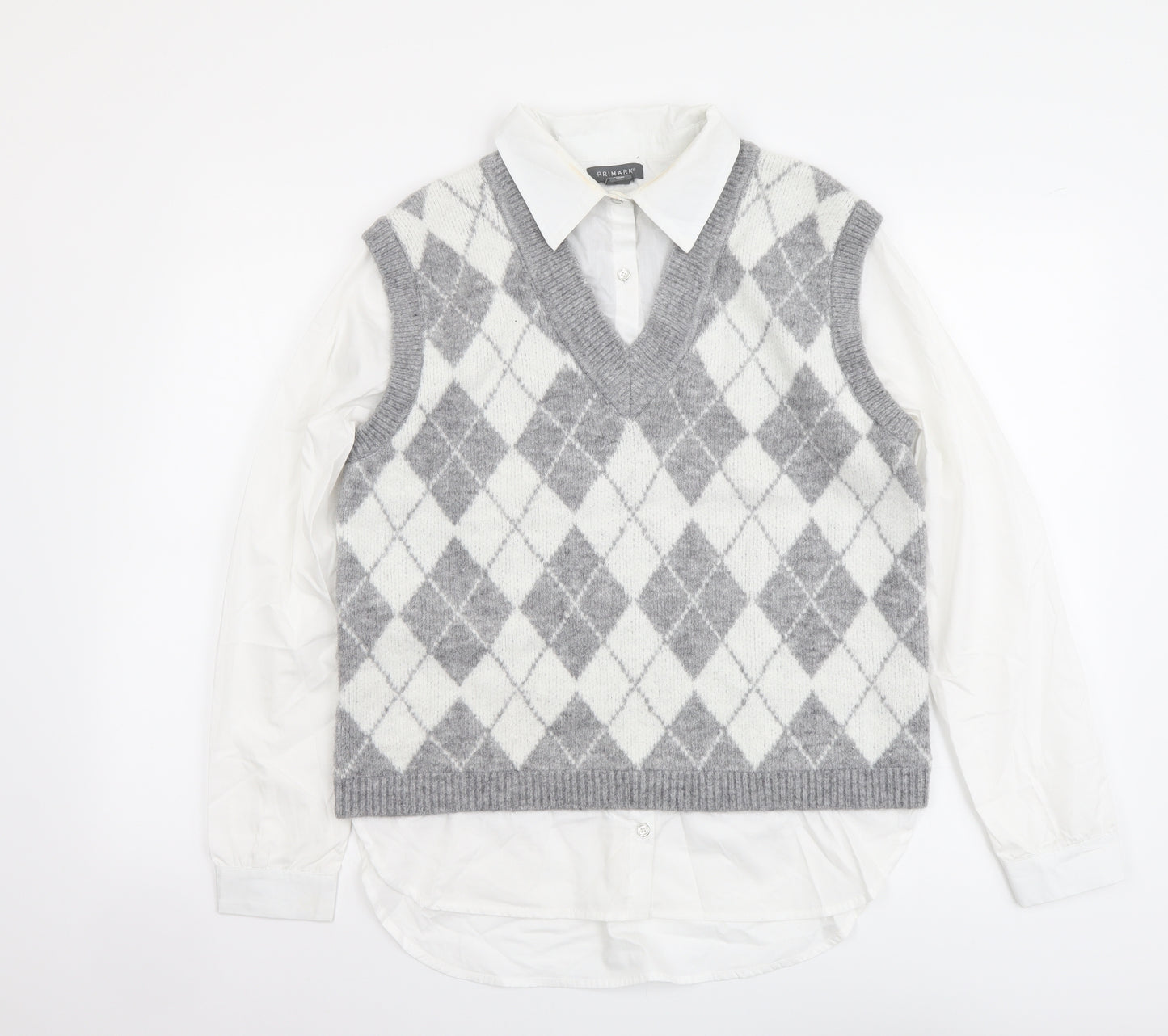 Primark Womens Grey Collared Argyle/Diamond Acrylic Pullover Jumper Size S