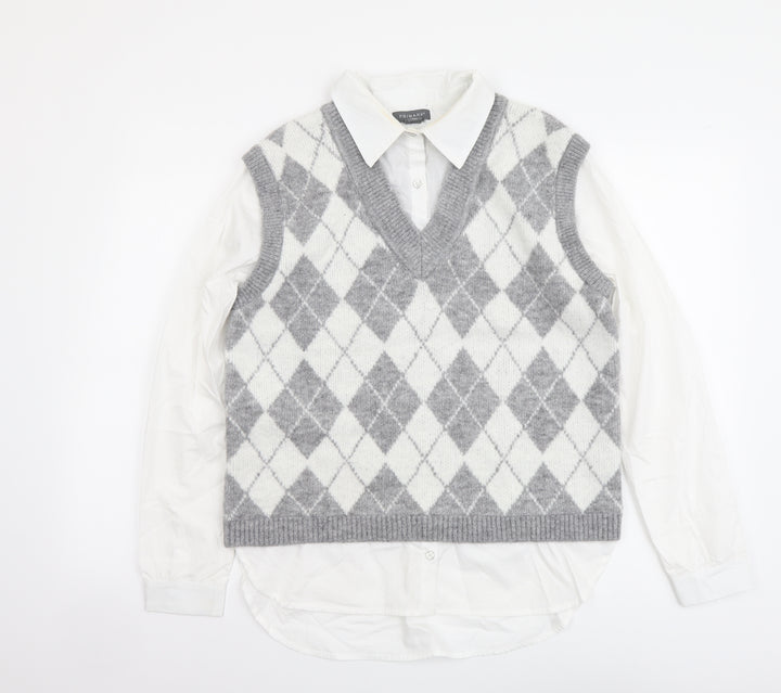 Primark Womens Grey Collared Argyle/Diamond Acrylic Pullover Jumper Size S